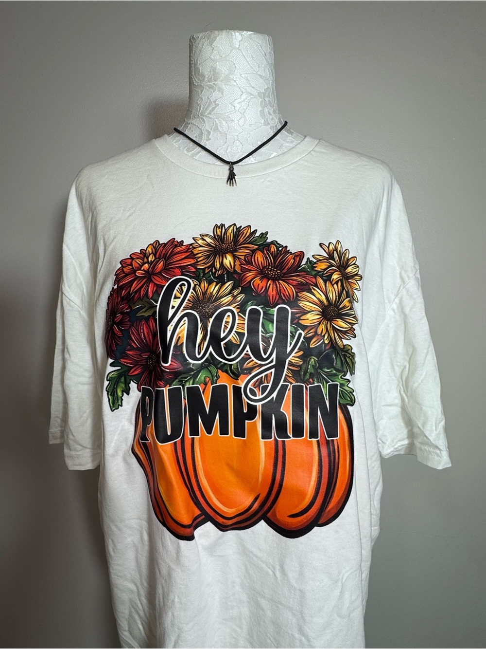 Gildan White Tee with Orange Pumpkin & Multicolor Floral fall Graphic